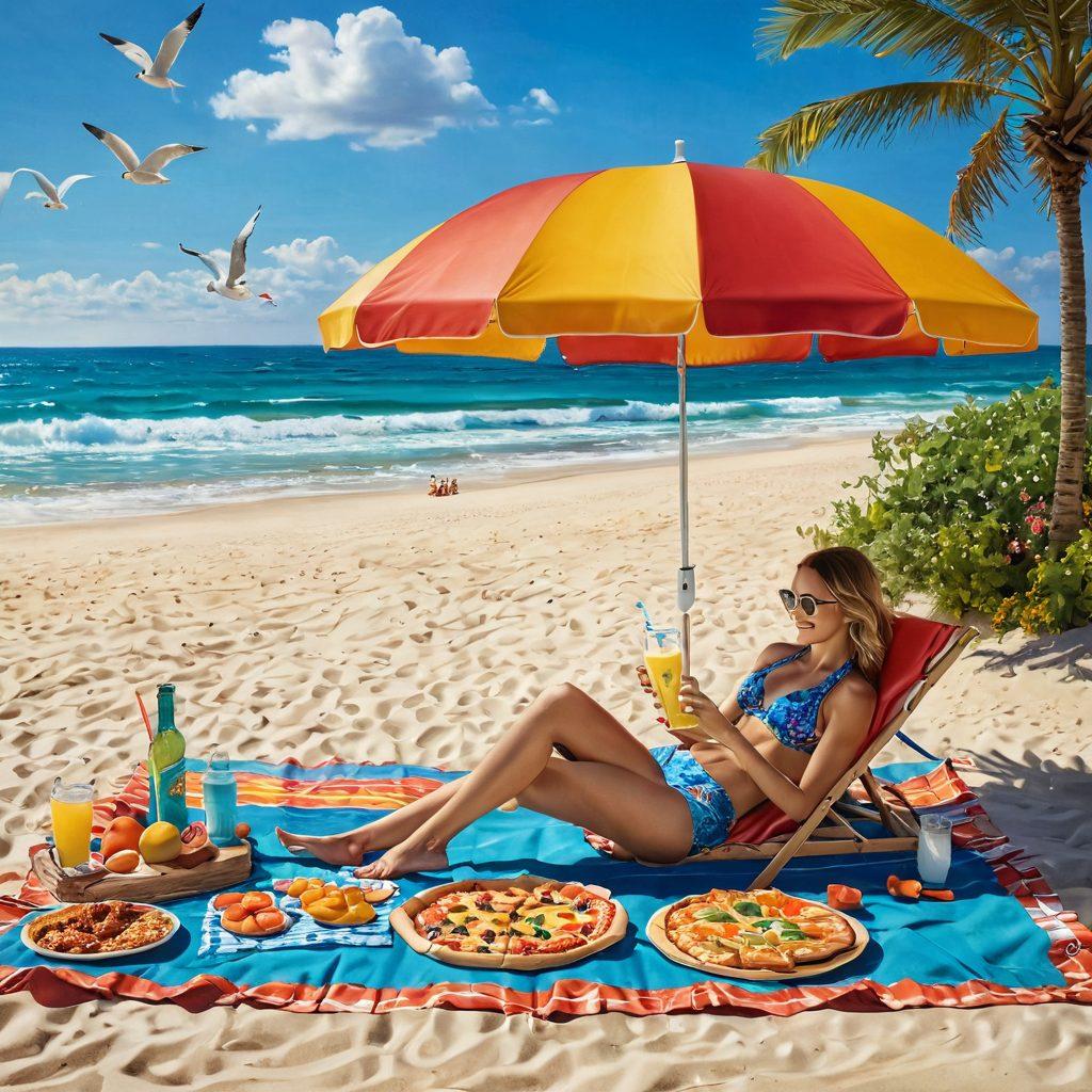 A vibrant beach scene with a stylish figure in trendy beachwear, lounging under a colorful umbrella, surrounded by gourmet pizzas artfully arranged on a picnic blanket. Soft waves lap against the shore, while seagulls fly overhead and a bright sun casts a warm glow on the setting. Include details like a glass of refreshing lemonade and a beach ball to enhance the festive atmosphere. super-realistic. vibrant colors. sunny beach setting.