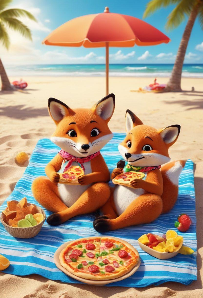 A vibrant beach scene featuring playful foxes dressed in colorful beachwear, lounging on beach towels with slices of pizza in hand. The background showcases a bright summer sky, golden sand, and playful waves. Incorporate elements like beach balls and tropical drinks to enhance the festive mood. The overall ambiance should be cheerful and energetic, capturing the essence of summer fun. cartoon style. bright colors. 3D.
