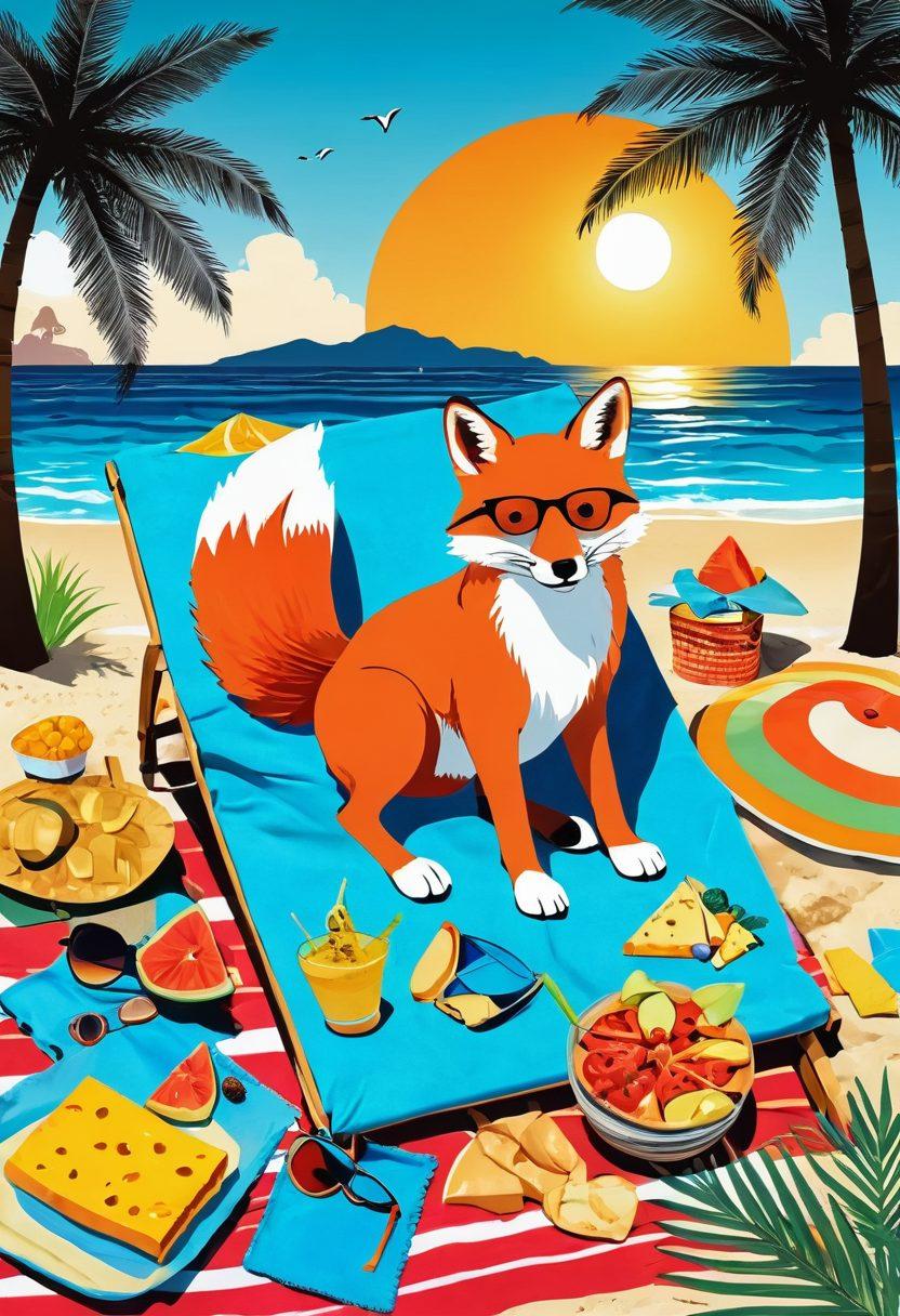 A vibrant beach scene featuring a stylish fox wearing colorful, trendy swimwear, lounging on a sunbed. Surrounding the fox are delicious cheesy slices arranged artistically on a picnic blanket, with palm trees swaying in the background and a bright sun shining above. Include playful beach accessories like sunglasses and flip-flops to enhance the lively atmosphere. Illustrate with a tropical color palette. super-realistic. vibrant colors.